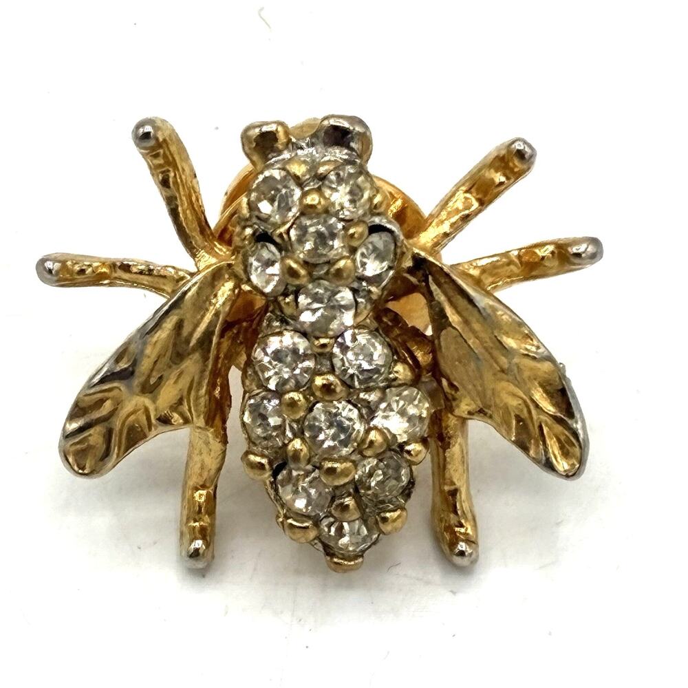 Vintage Gold Tone Rhinestone Bee Brooch Pin Insect Honey Bee Figural 1”